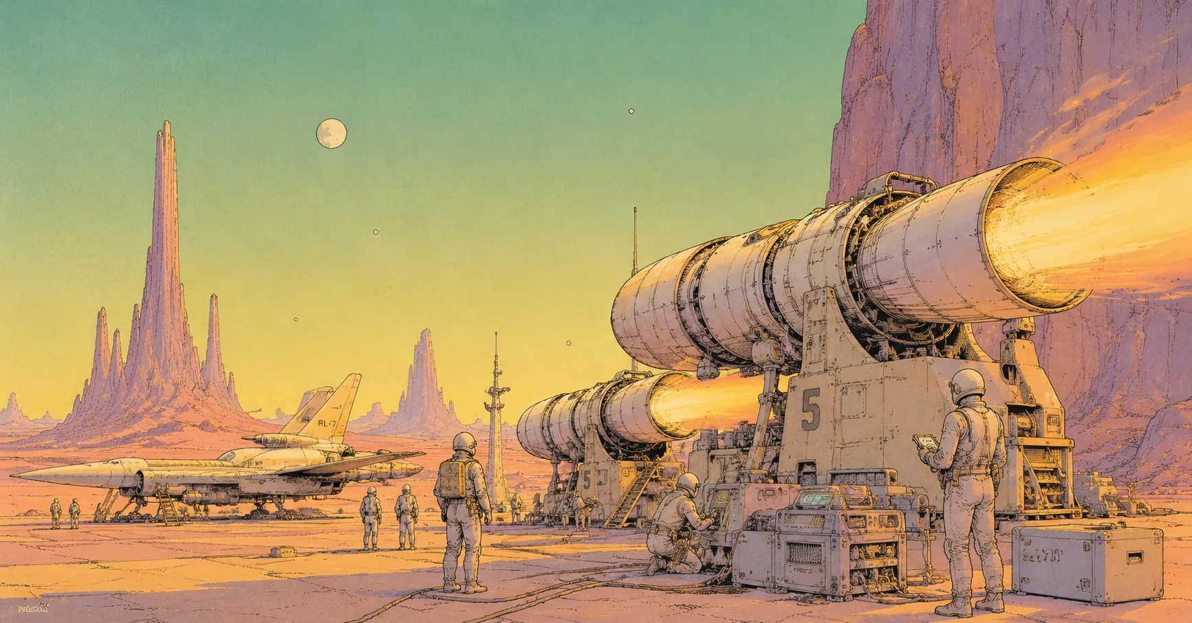 Illustrated engineers testing rocket engines in a desert research outpost
