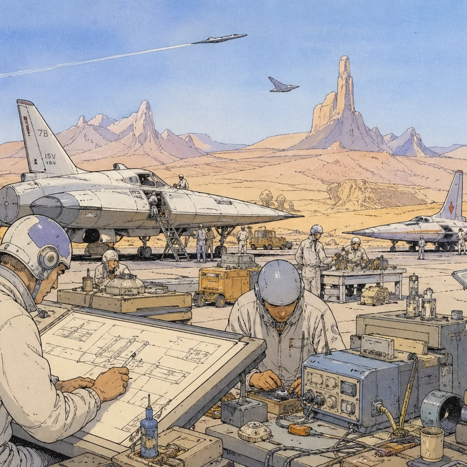 Engineers at drafting tables and test benches on a desert airfield in daylight, a delta-wing jet behind them
