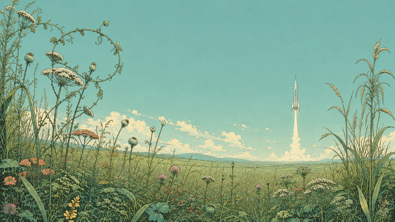 A rocket climbing out of a wild summer meadow