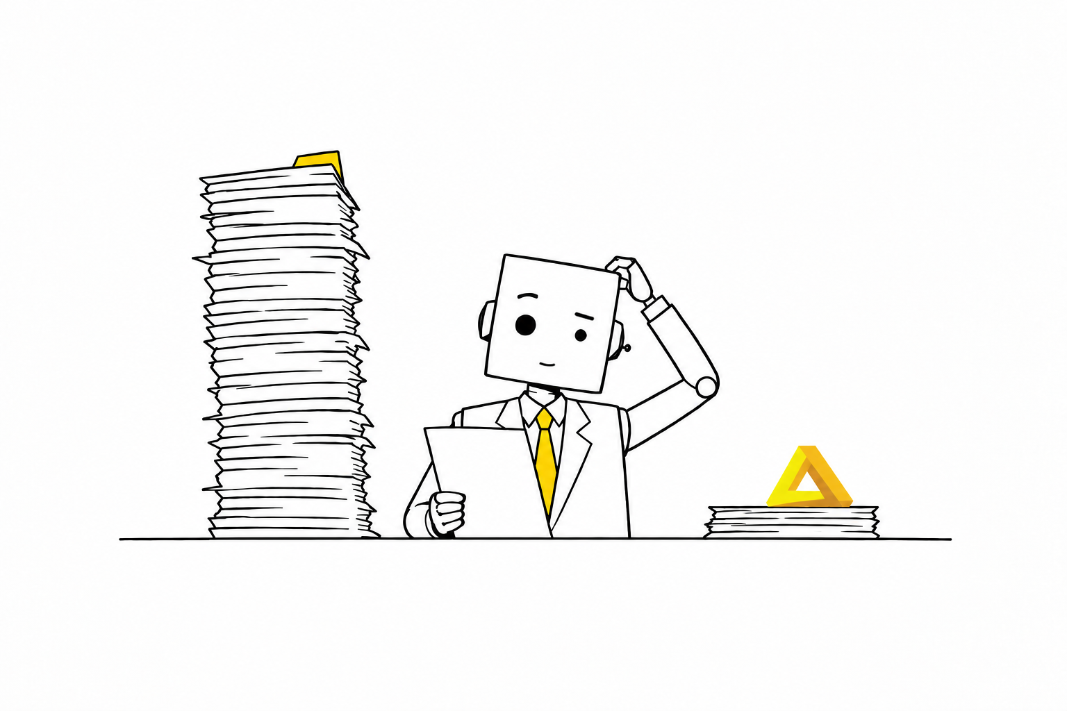 Line drawing of a robot in a suit and yellow tie, scratching its head over a single page. On its left, a towering stack of paper. On its right, a short stack topped with a small yellow impossible triangle.