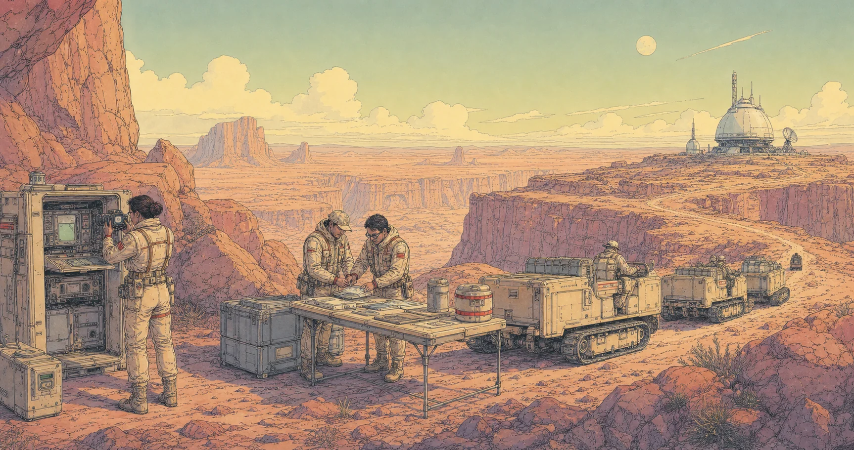 Assessment specialists examine evidence modules in a desert field station