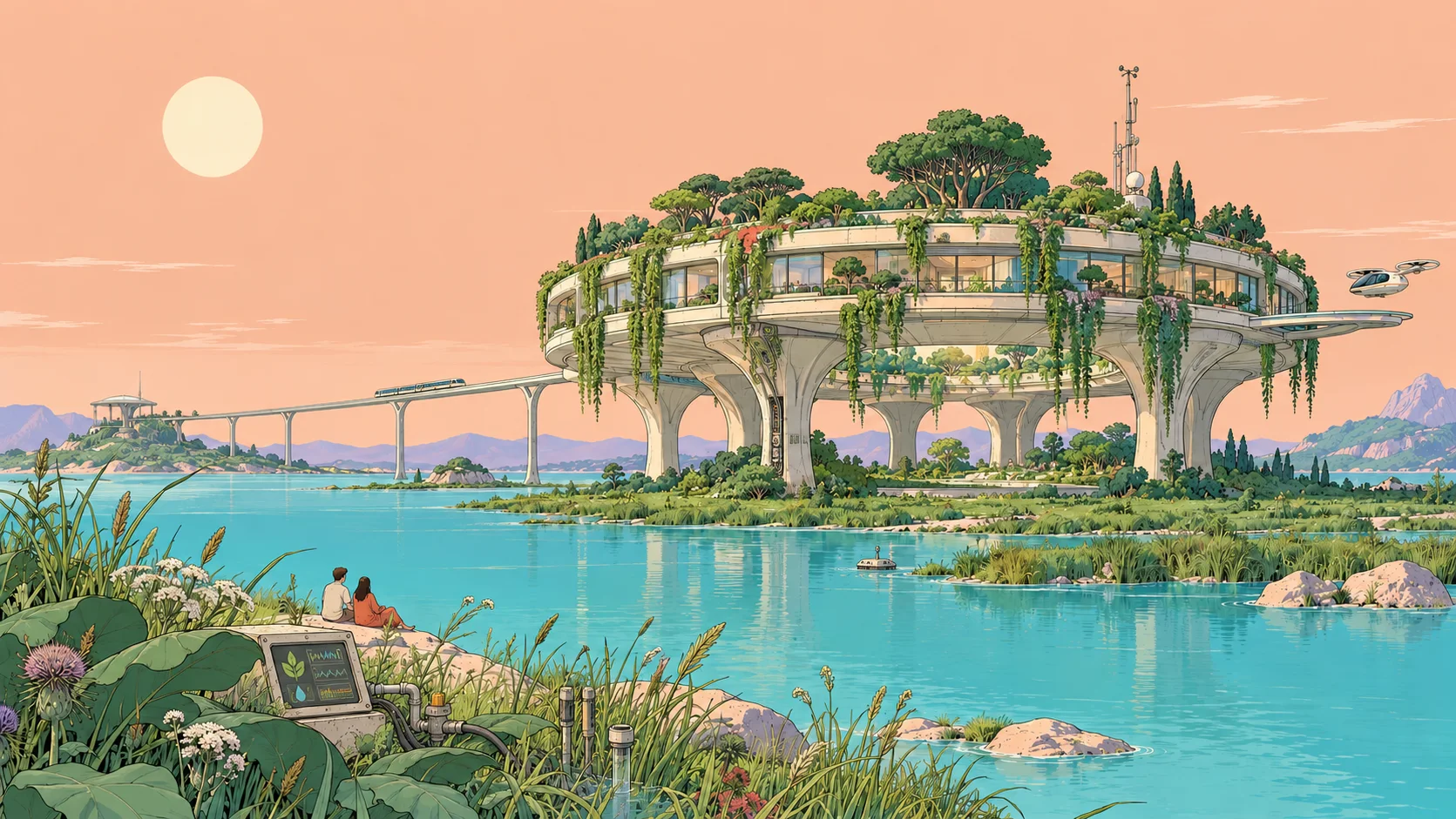 Illustration: a circular garden building on pillars above a turquoise lagoon, a monorail crossing the water, two people sitting in the grass.