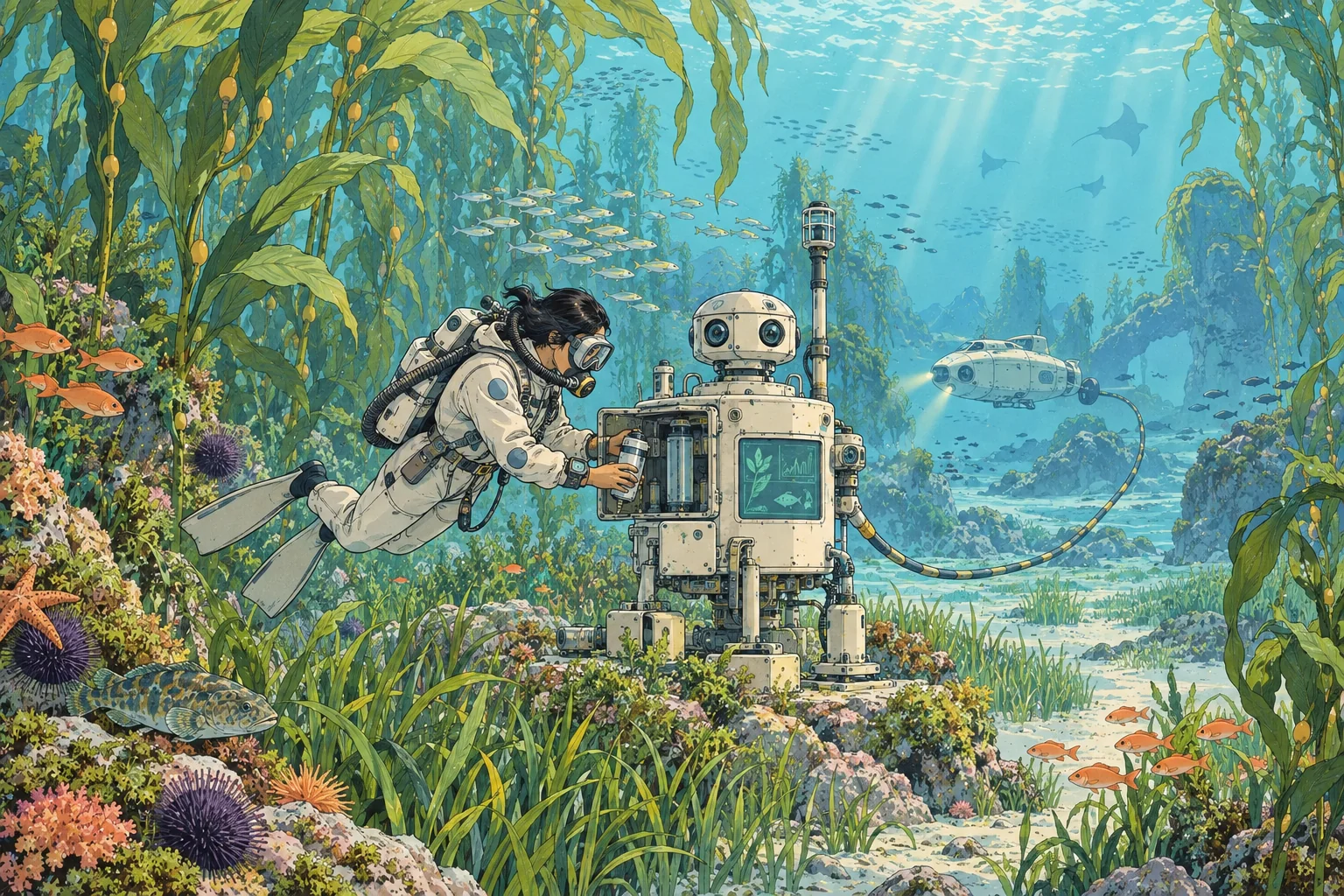 A diver services an underwater observation robot among thriving kelp, coral and fish, with a research submarine beyond.