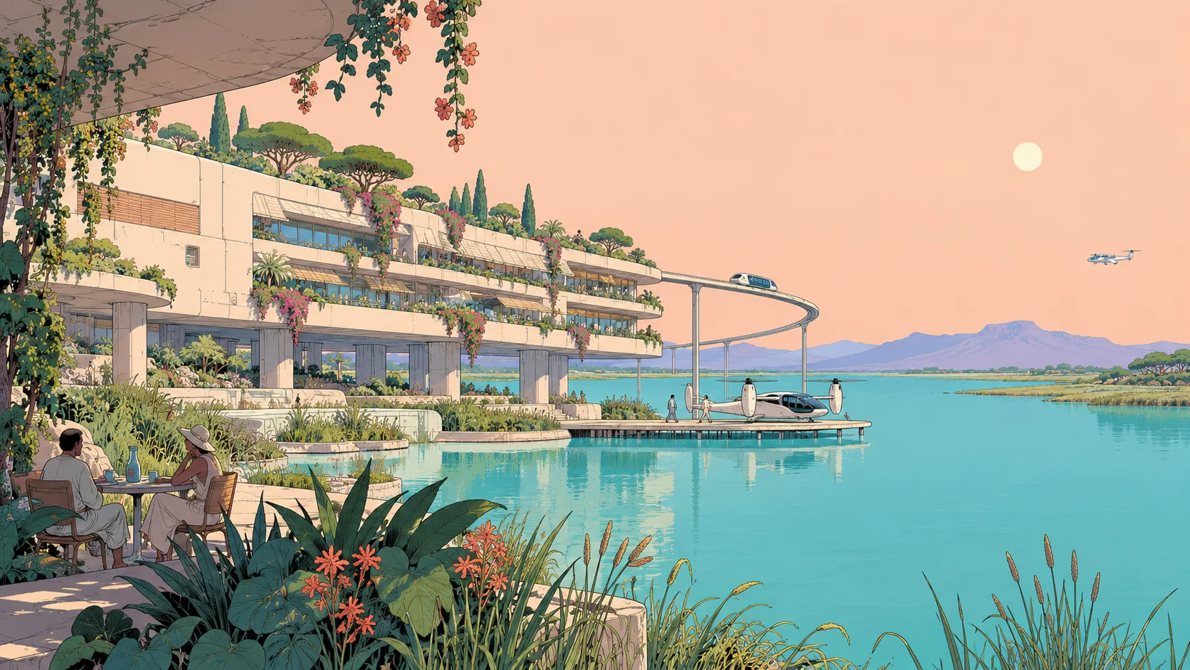 Illustration: a terraced garden building beside a lagoon, an air taxi waiting at a dock, two people at a café table.
