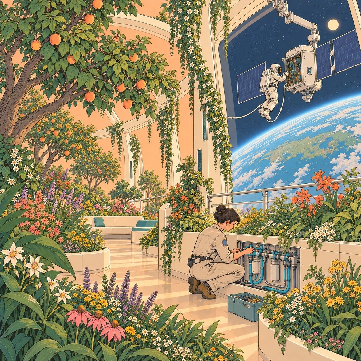 An engineer maintains irrigation inside a lush orbital orchard while an astronaut repairs a satellite outside the sealed observation window.
