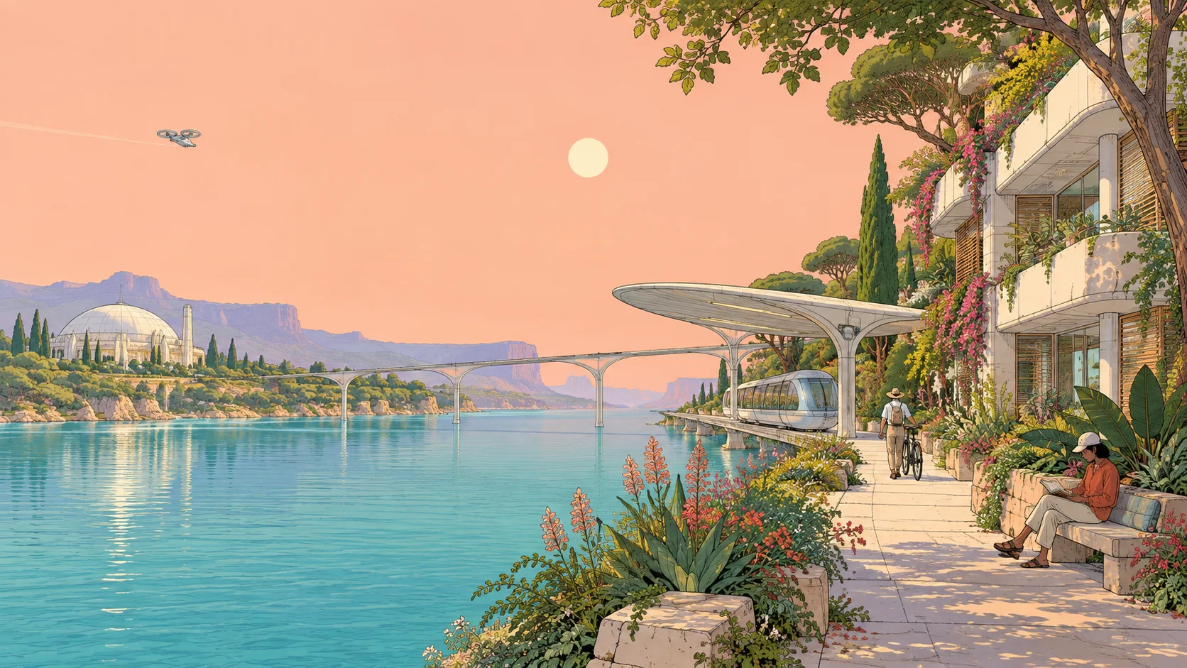 Illustration: a seaside promenade with a monorail station under a white canopy, a cyclist, and someone reading on a bench.