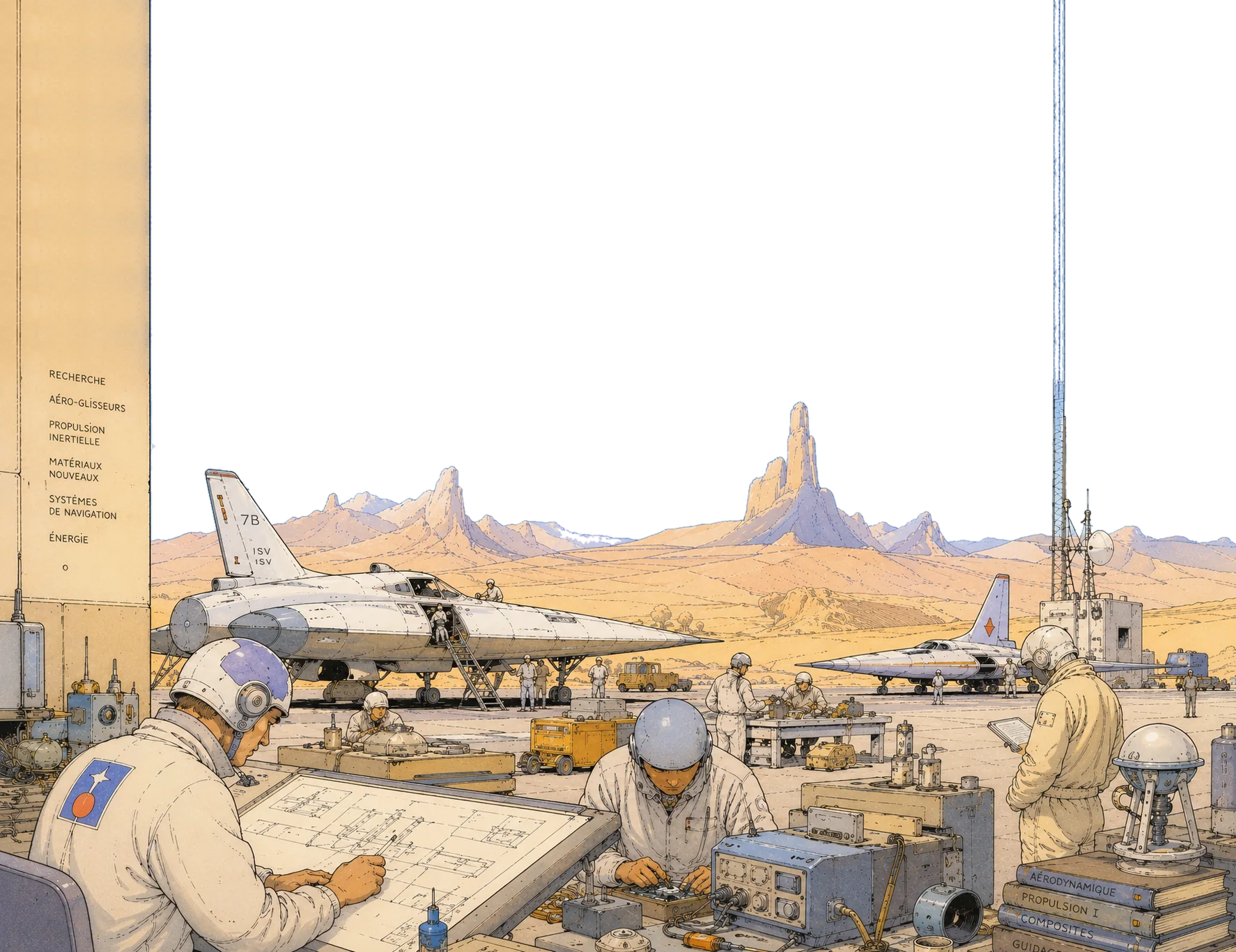 Engineers at drafting tables and test benches on a desert airfield, two delta-wing jets parked behind them and two more flying overhead, a wall of research topics on the left.